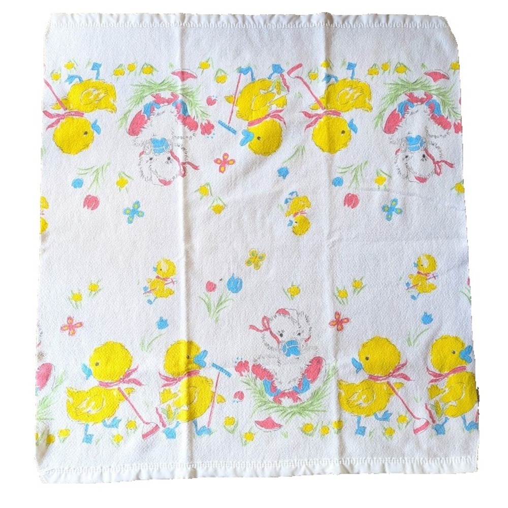 Vintage 80s Beacon Baby Blanket Chicks Ducks Flowers Silky Edge Retro Nursery